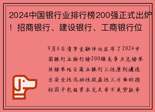 2024中国银行业排行榜200强正式出炉！招商银行、建设银行、工商银行位居竞争力总榜单前三位……
