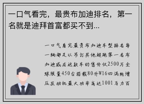 一口气看完，最贵布加迪排名，第一名就是迪拜首富都买不到...