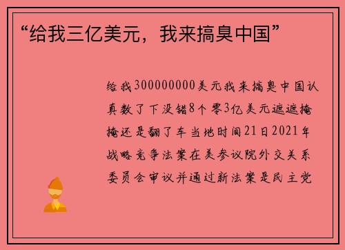“给我三亿美元，我来搞臭中国”