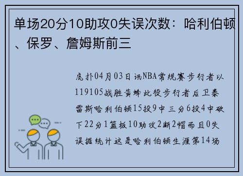 单场20分10助攻0失误次数：哈利伯顿、保罗、詹姆斯前三