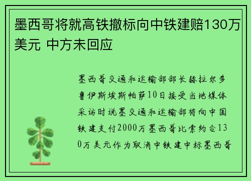 墨西哥将就高铁撤标向中铁建赔130万美元 中方未回应