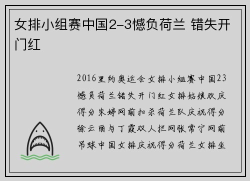 女排小组赛中国2-3憾负荷兰 错失开门红