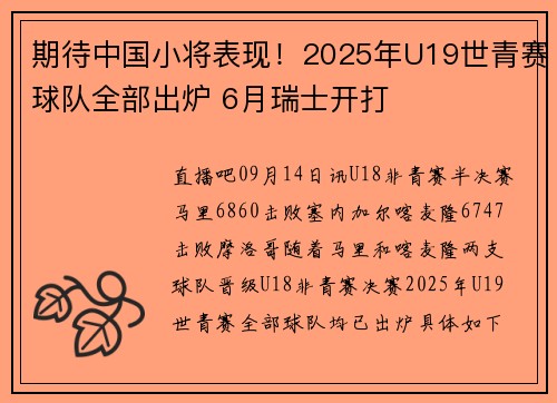 期待中国小将表现！2025年U19世青赛球队全部出炉 6月瑞士开打