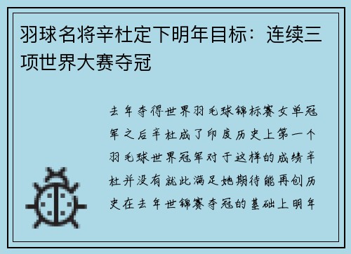 羽球名将辛杜定下明年目标：连续三项世界大赛夺冠
